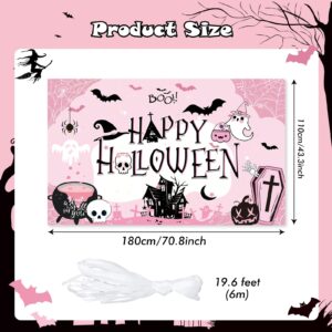 DPKOW Pink Happy Halloween Backdrop Banner, Extra Large Pink Halloween Birthday Party Decorations Girls Kid Black Pink Halloween Decorations Background for Halloween Baby Shower Boo Day, 70.8×43.3inch