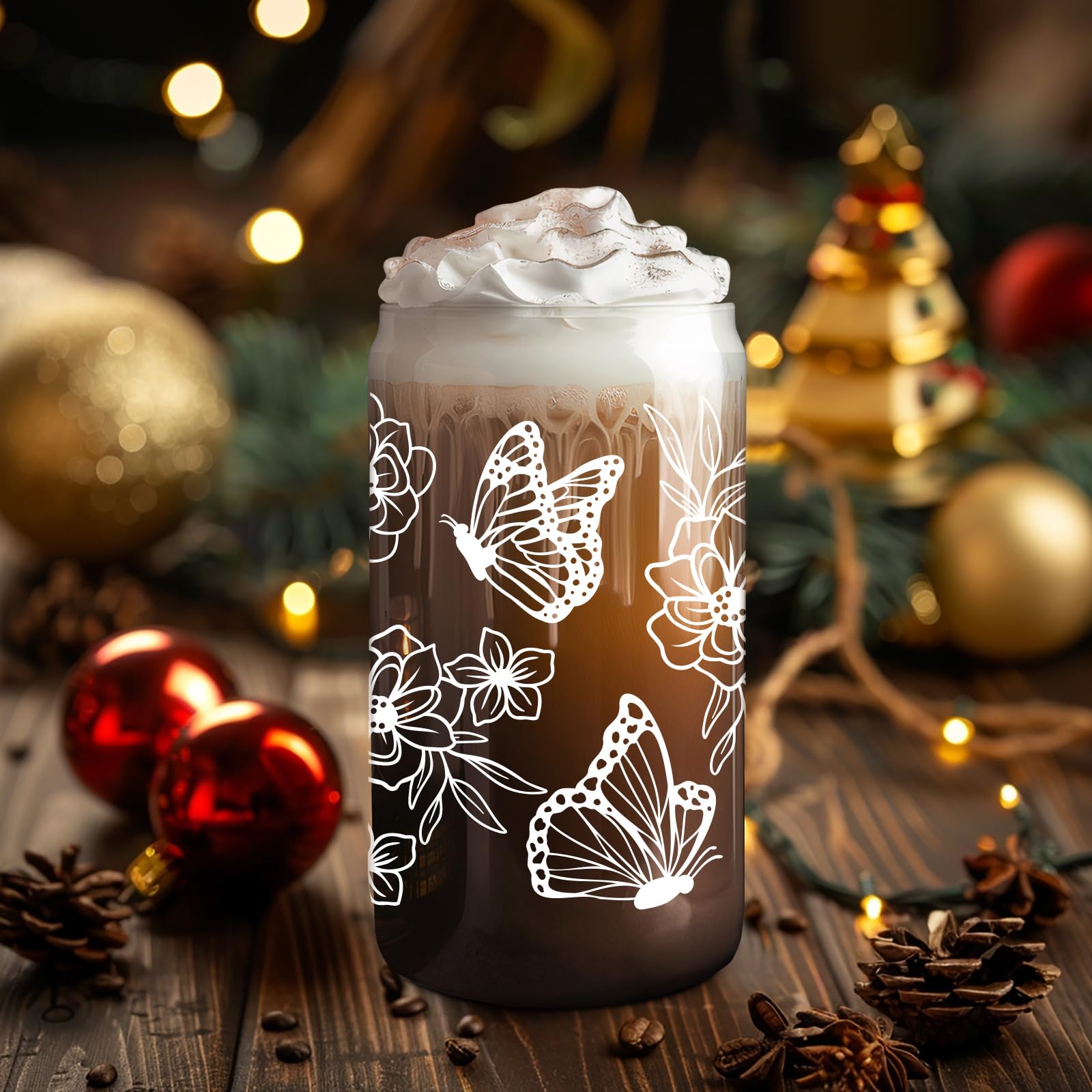 Fairy's Gift Butterfly Gifts for Women - Iced Coffee Cup, Aesthetic Floral Butterflies Glass Cup w/Lid & Straw, Butterfly Tumbler - Christmas, Birthday Gifts for Women Mom Friend Bestie