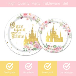 Girl Fairytale Princess Birthday Tableware Party Supplies Serves 24 Guests Once Upon a Time Pink Floral Gold Castle Plates Napkins Forks for Girls Birthday Party Decoration Supplies