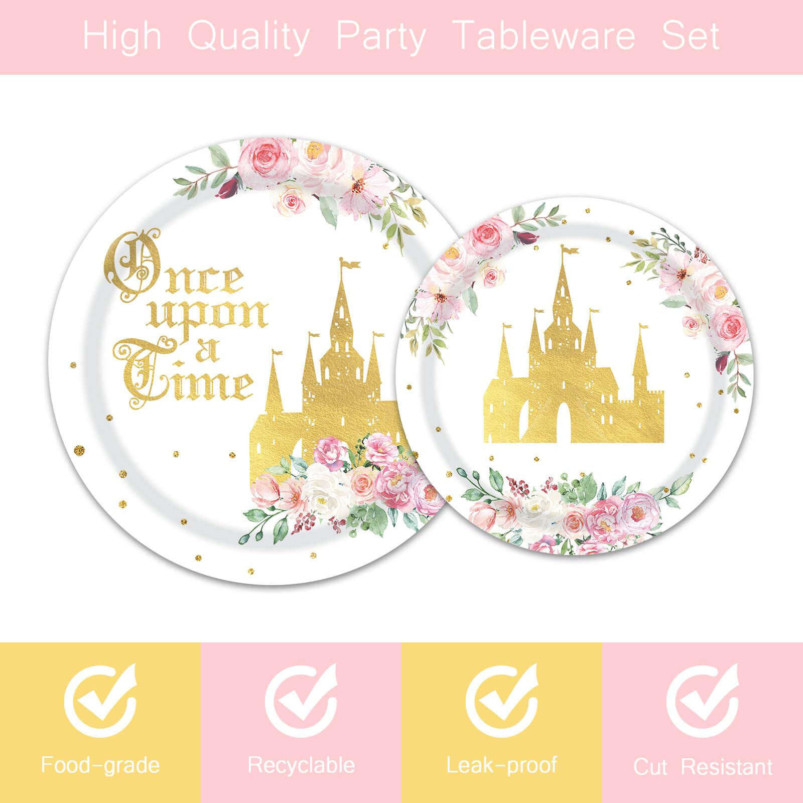 Girl Fairytale Princess Birthday Tableware Party Supplies Serves 24 Guests Once Upon a Time Pink Floral Gold Castle Plates Napkins Forks for Girls Birthday Party Decoration Supplies