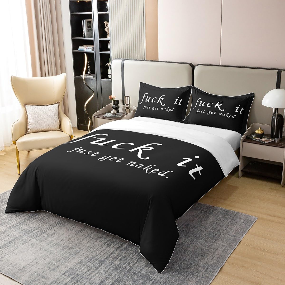 Funny Quotes Duvet Cover 100% Cotton Get Naked for Couple Lover Men Women Romantic Bedding 100% Cotton Set Black and White Creative Words Duvet Set Room Decor 3Pcs with 2 Pillow Case King Size Zipper