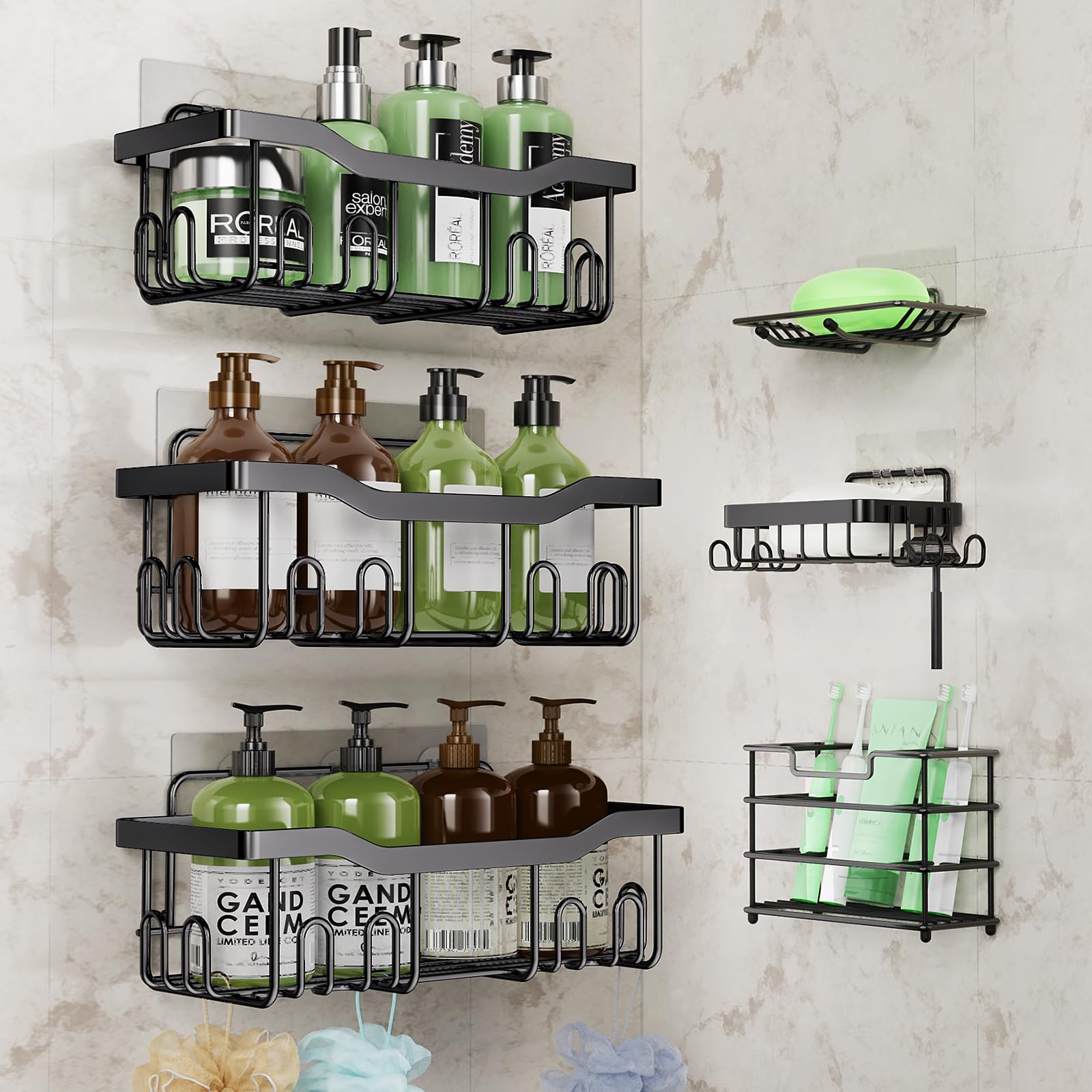 ATEMANS Black Shower Caddy Shelf 6 Pack, 3 Tier Shower Shelf for Inside Shower,Bathroom Shower Shelves Wall Mount,in Shower Organizer Shampoo Bottle Holder,Toothbrush Holder,Soap Holder