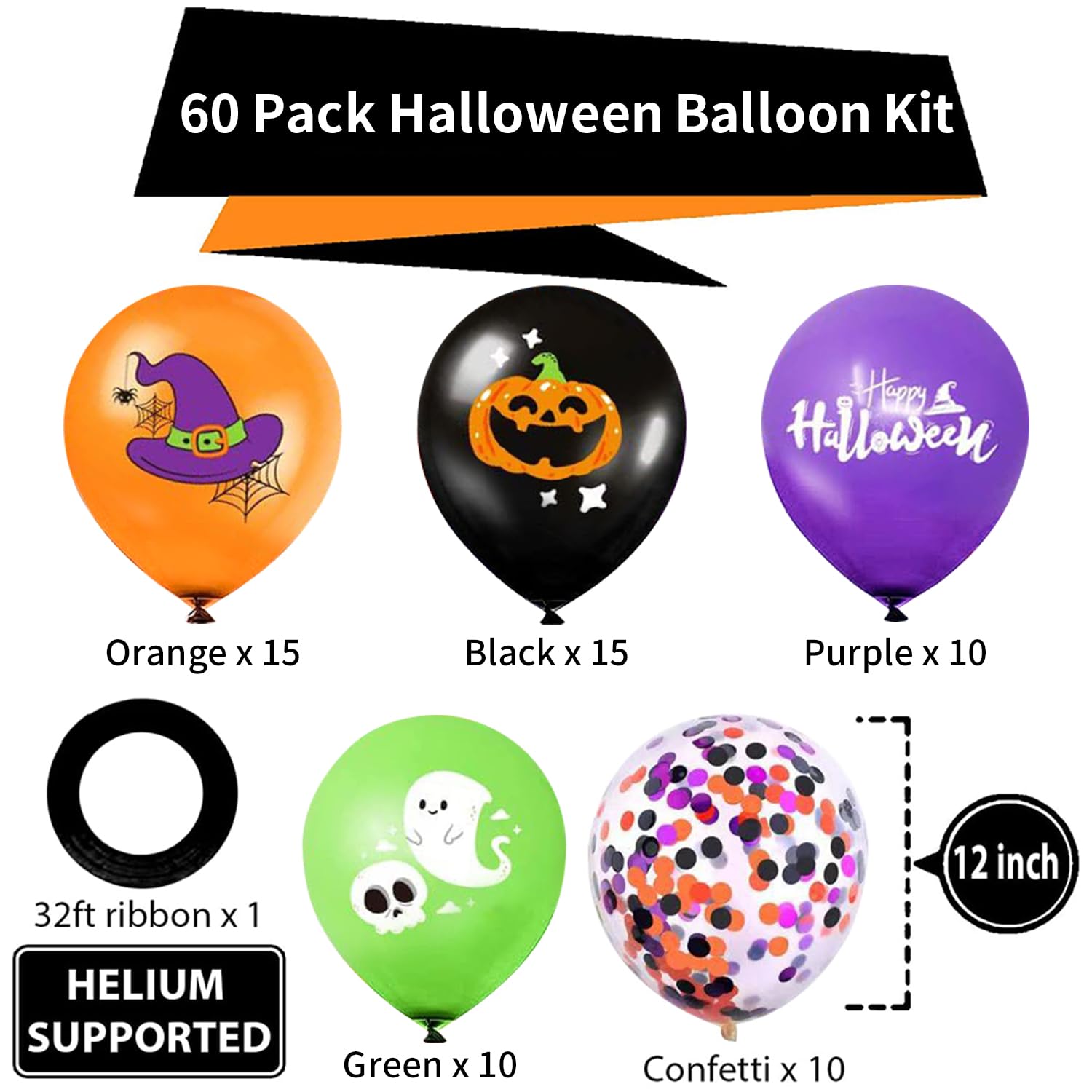 Halloween Balloons Hocus Pocus Balloons, 60pcs Black Orange Purple Green Printed Balloons with Halloween Confetti Balloons for Halloween Theme Party Birthday Party Haunted House Magic Decoration……