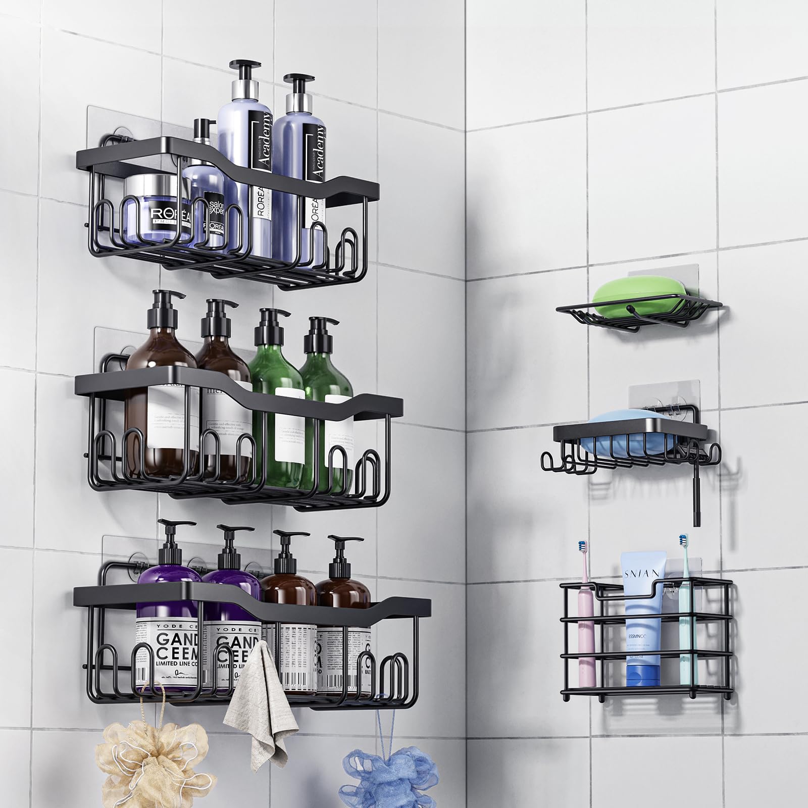 ATEMANS Black Shower Caddy Shelf 6 Pack, 3 Tier Shower Shelf for Inside Shower,Bathroom Shower Shelves Wall Mount,in Shower Organizer Shampoo Bottle Holder,Toothbrush Holder,Soap Holder