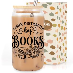 coolife book lovers themed 16 oz coffee glass cups w/lids & straws, bookish gifts for women, book club bookworm gifts for book lovers, readers librarian - christmas, birthday book lover gifts ideas