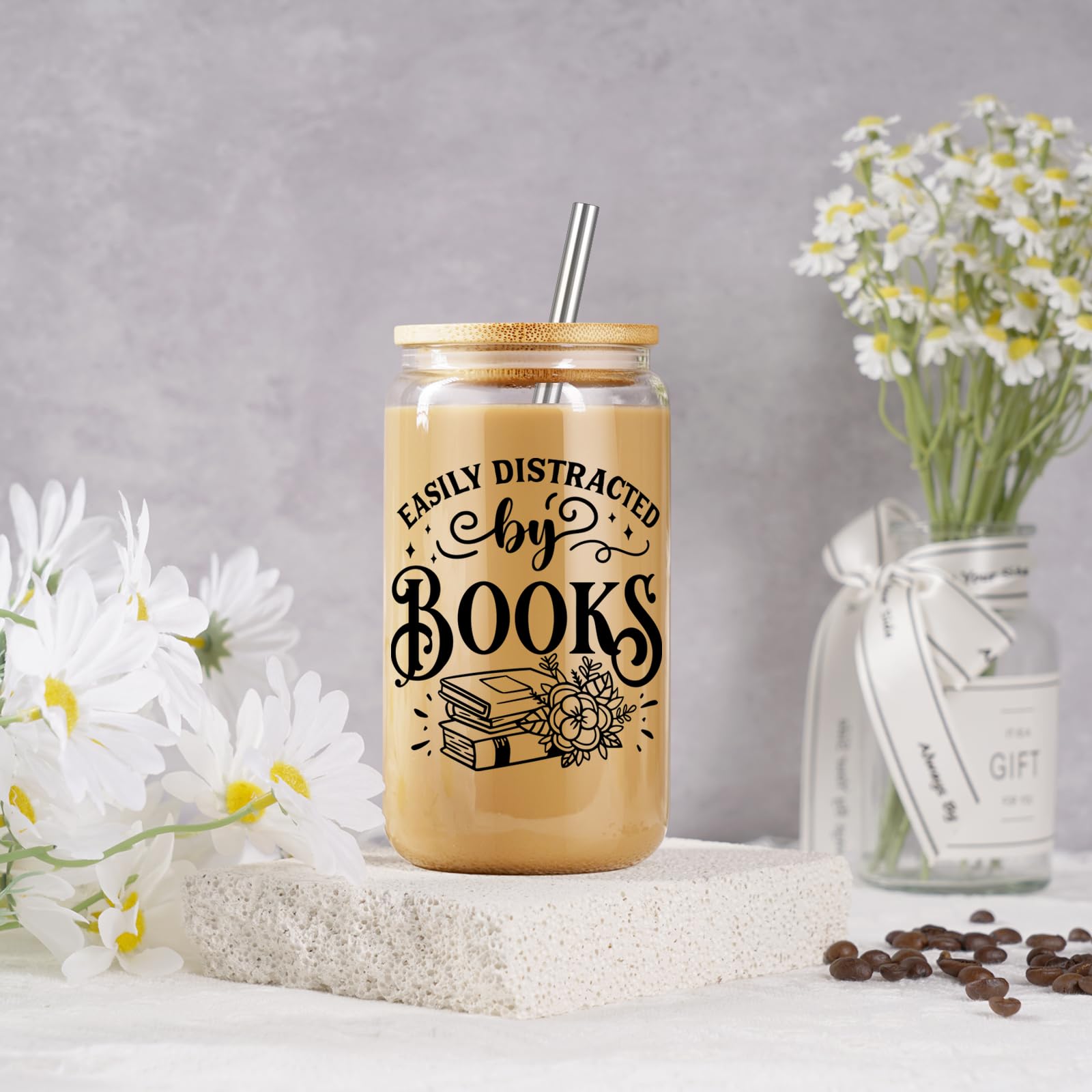 Coolife Book Lovers Themed 16 oz Coffee Glass Cups w/Lids & Straws, Bookish Gifts for Women, Book Club Bookworm Gifts for Book Lovers, Readers Librarian - Christmas, Birthday Book Lover Gifts Ideas