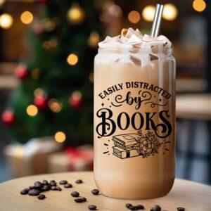 Coolife Book Lovers Themed 16 oz Coffee Glass Cups w/Lids & Straws, Bookish Gifts for Women, Book Club Bookworm Gifts for Book Lovers, Readers Librarian - Christmas, Birthday Book Lover Gifts Ideas