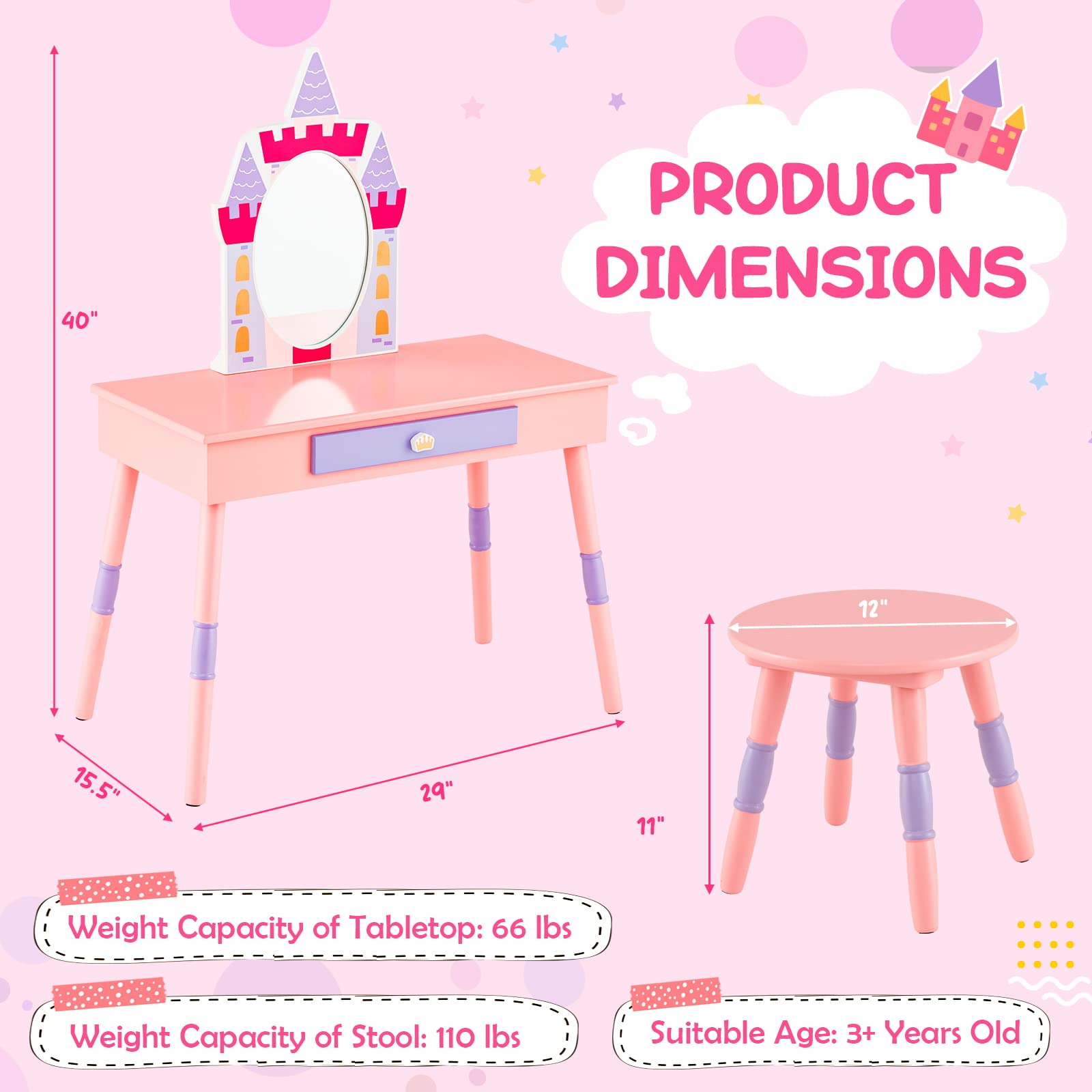 HONEY JOY 3 Piece Kids Vanity Set, Girls Vanity Table & Chair Set, Princess Toy Box, 360° Rotatable Freestanding Dressing Mirror w/Storage Shelf, Kids Room Furniture Set for Playroom Bedroom, Pink