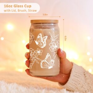 Fairy's Gift Butterfly Gifts for Women - Iced Coffee Cup, Aesthetic Floral Butterflies Glass Cup w/Lid & Straw, Butterfly Tumbler - Christmas, Birthday Gifts for Women Mom Friend Bestie