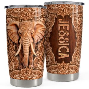 sandjest personalized elephant wood drawing tumbler 20oz 30oz insulated tumblers with lid coffee travel mug cup for men women gift for birthday