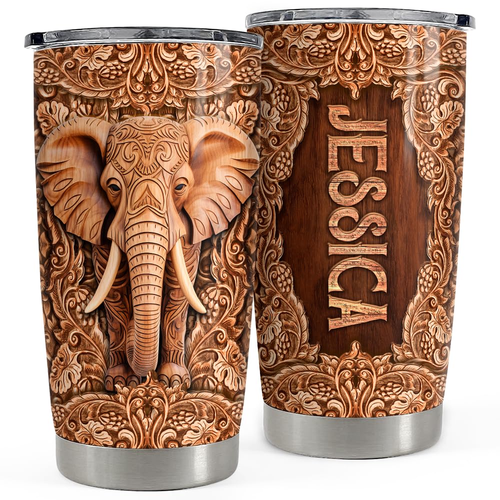 SANDJEST Personalized Elephant Wood Drawing Tumbler 20oz 30oz Insulated Tumblers with Lid Coffee Travel Mug Cup for Men Women Gift for Birthday