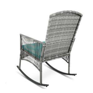 CIRMUBUY 3 Piece Patio Conversation Set, Outdoor Rocking Chairs Set of 2, Wicker Furniture Set with Glass Top Coffee Table and Cushions for Porch Garden Backyard Lawn (Grey Rattan, Blue Cushion)