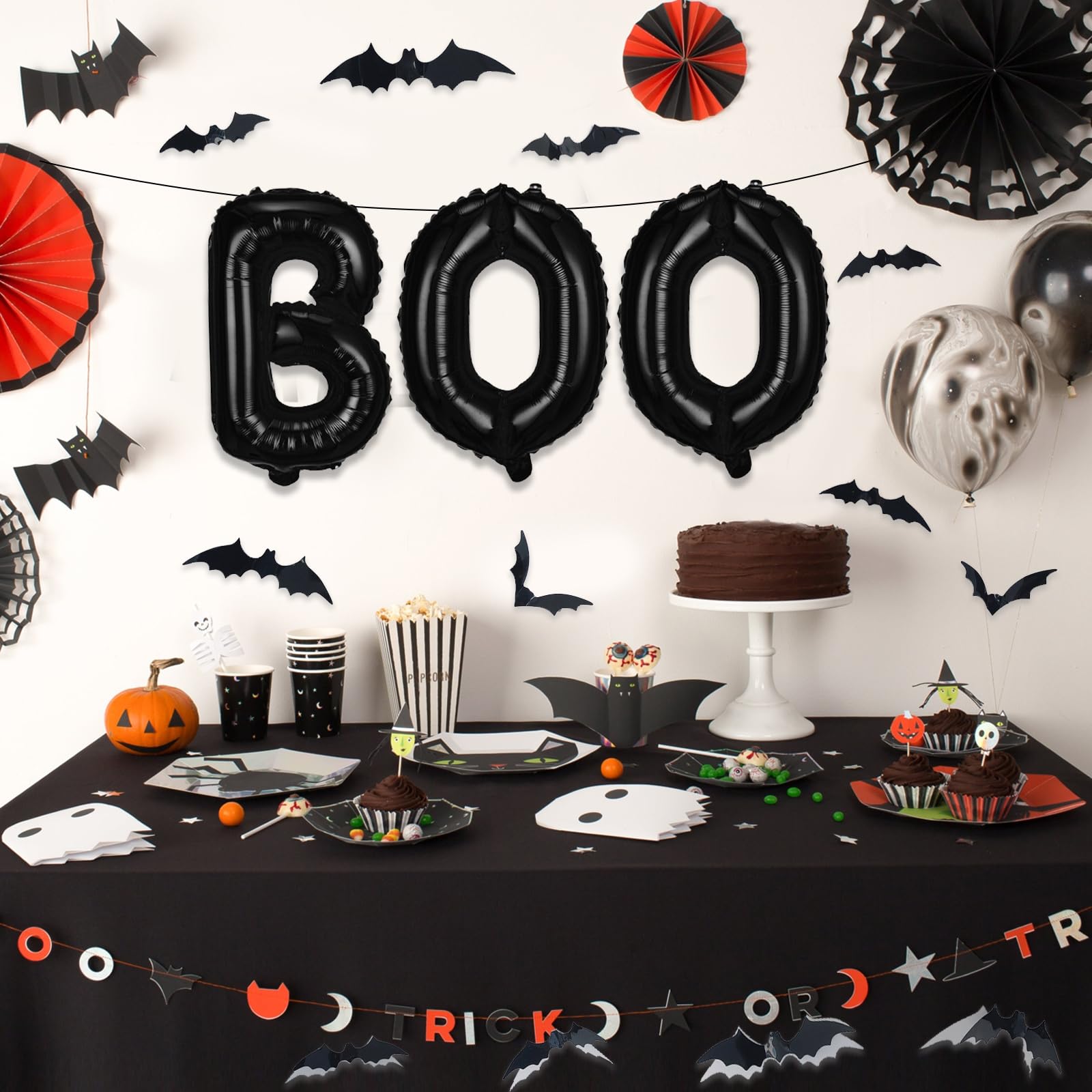 BOO Foil Balloons Set with 3D PVC Bats, Black 16 Inch Halloween BOO Banner Balloon Kit with 12pcs Fake Bats, Boo Mylar Letter Balloons Bunting for Horror Halloween Night Party Decorations Supplies