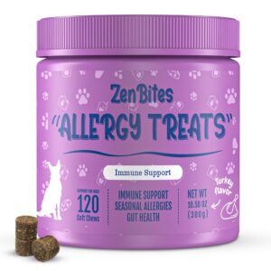 zenbites organic allergy vitamin chews anti itch supplement dog allergy relief for skin & seasonal allergies omega 3 probiotics for dogs salmon oil blend with vitamin c turkey - 120 count