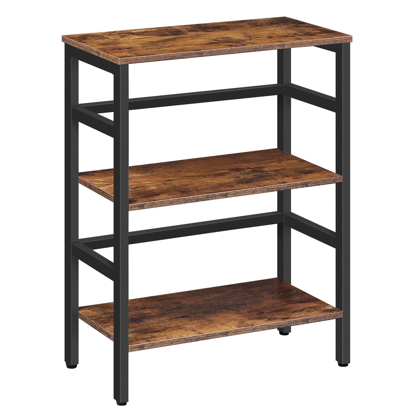 HOOBRO 3 Tier Bookshelf, 23.6"L Industrial Bookcase, Record Storage Rack with Side Fence, Wood Storage Shelf with Metal Frame, Rustic Open Display Shelf for Living Room, Bedroom, Rustic Brown BF86CJ01