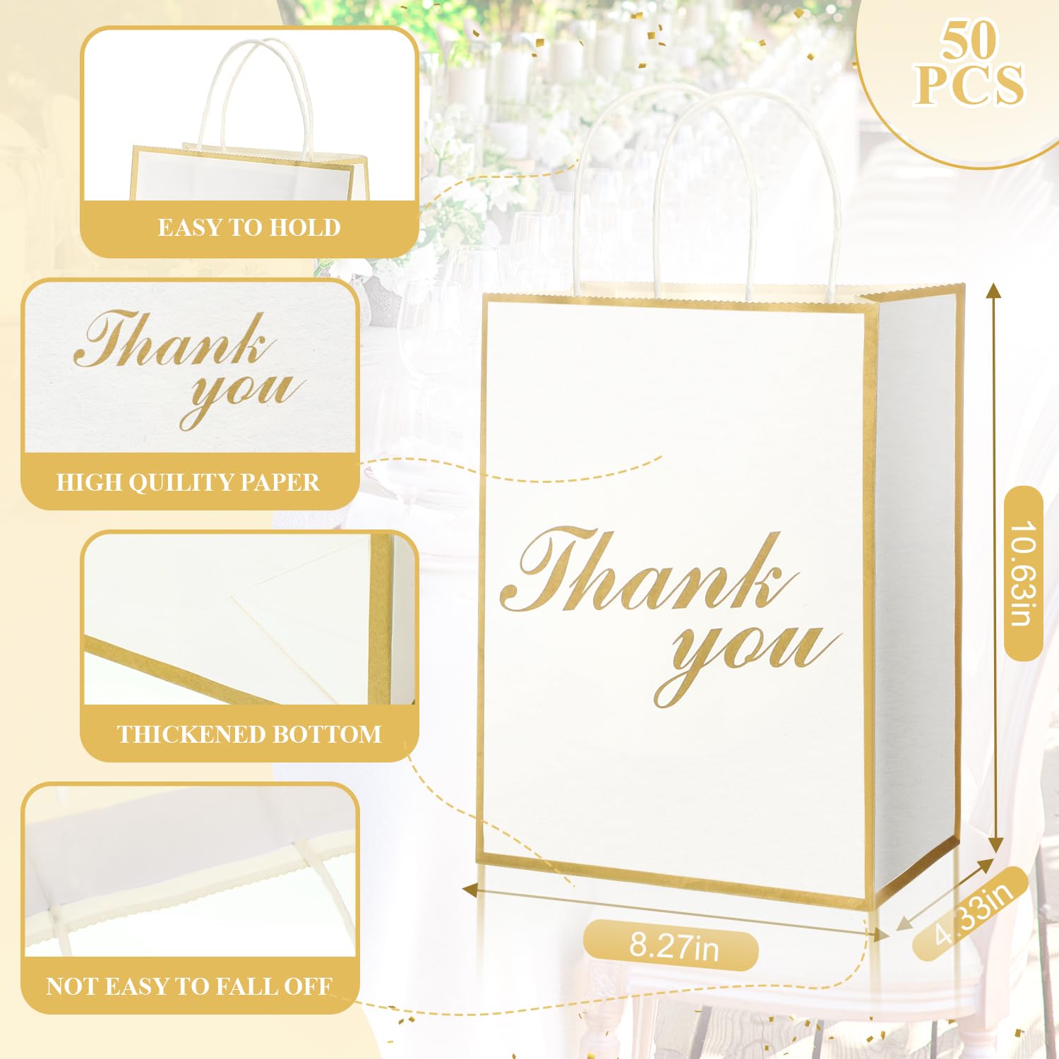 Tenceur 50 Pcs Thank You Gift Bags with Handles, Wedding Party Gift Bags Bulk Thank You Paper Bags for Business, Shopping, Wedding, Baby Shower, Party Favors, 8.27 x 4.33 x 10.63 Inches (White)