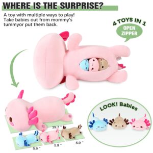 Onsoyours Axolotl Stuffed Animal Mommy 19.7" with 3 Baby Axolotl Plushies in Tummy, 4 Piece of Cute Axolotl Plush Pillow Toys for Kids Girls Boys (Pink Axolotl Family)