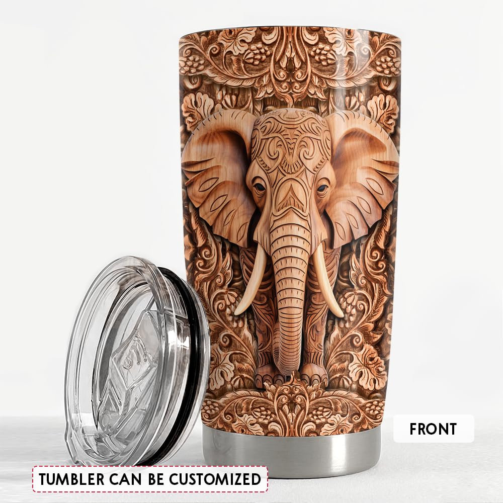 SANDJEST Personalized Elephant Wood Drawing Tumbler 20oz 30oz Insulated Tumblers with Lid Coffee Travel Mug Cup for Men Women Gift for Birthday