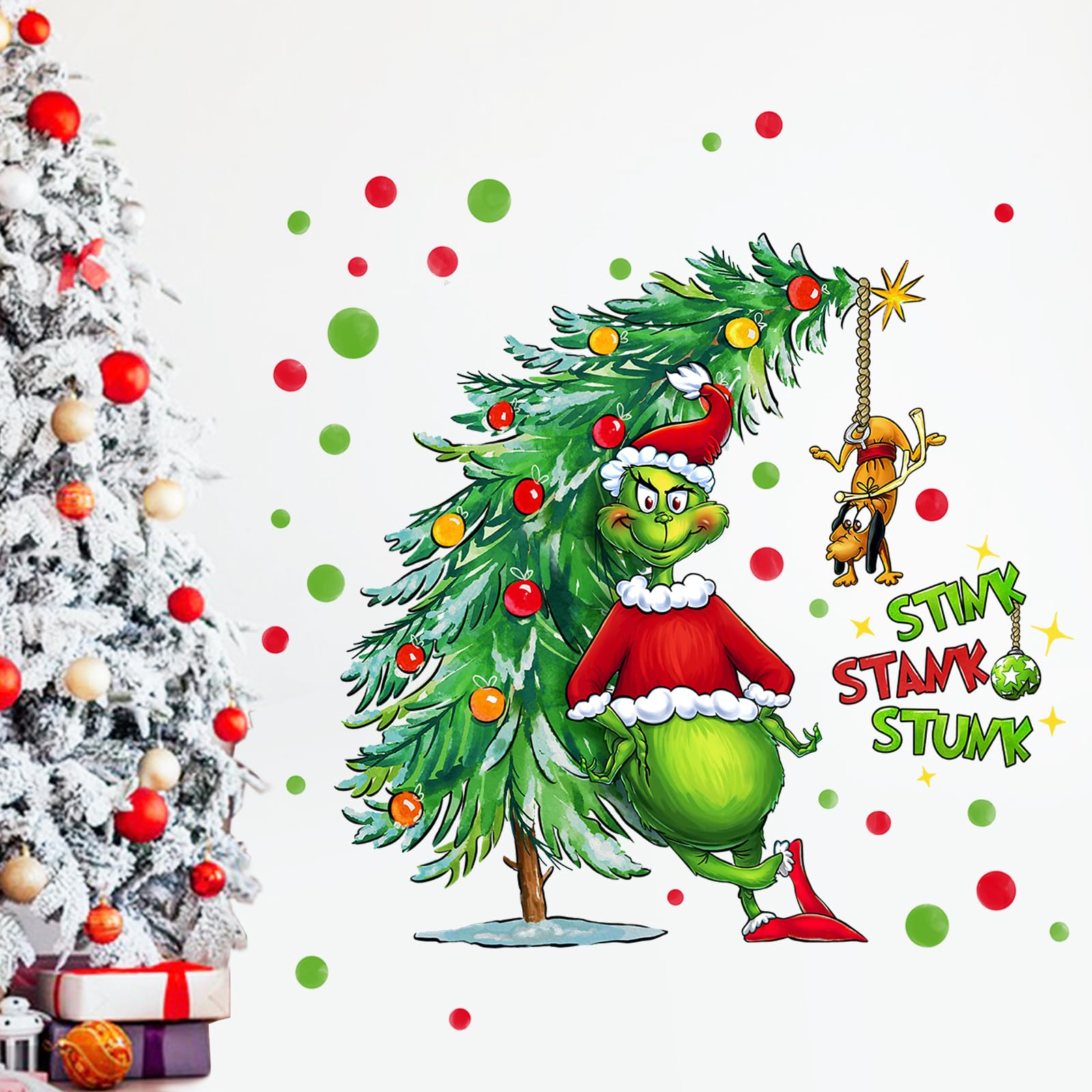 Yovkky Merry Christmas Wall Decals Stickers, Xmas Tree Max Dog 2025 New Year Bedroom Decor Home Kitchen Decorations, Winter Holiday Red Green Polka Dots Farmhouse Living Room Art Kids Boys Girls Gift