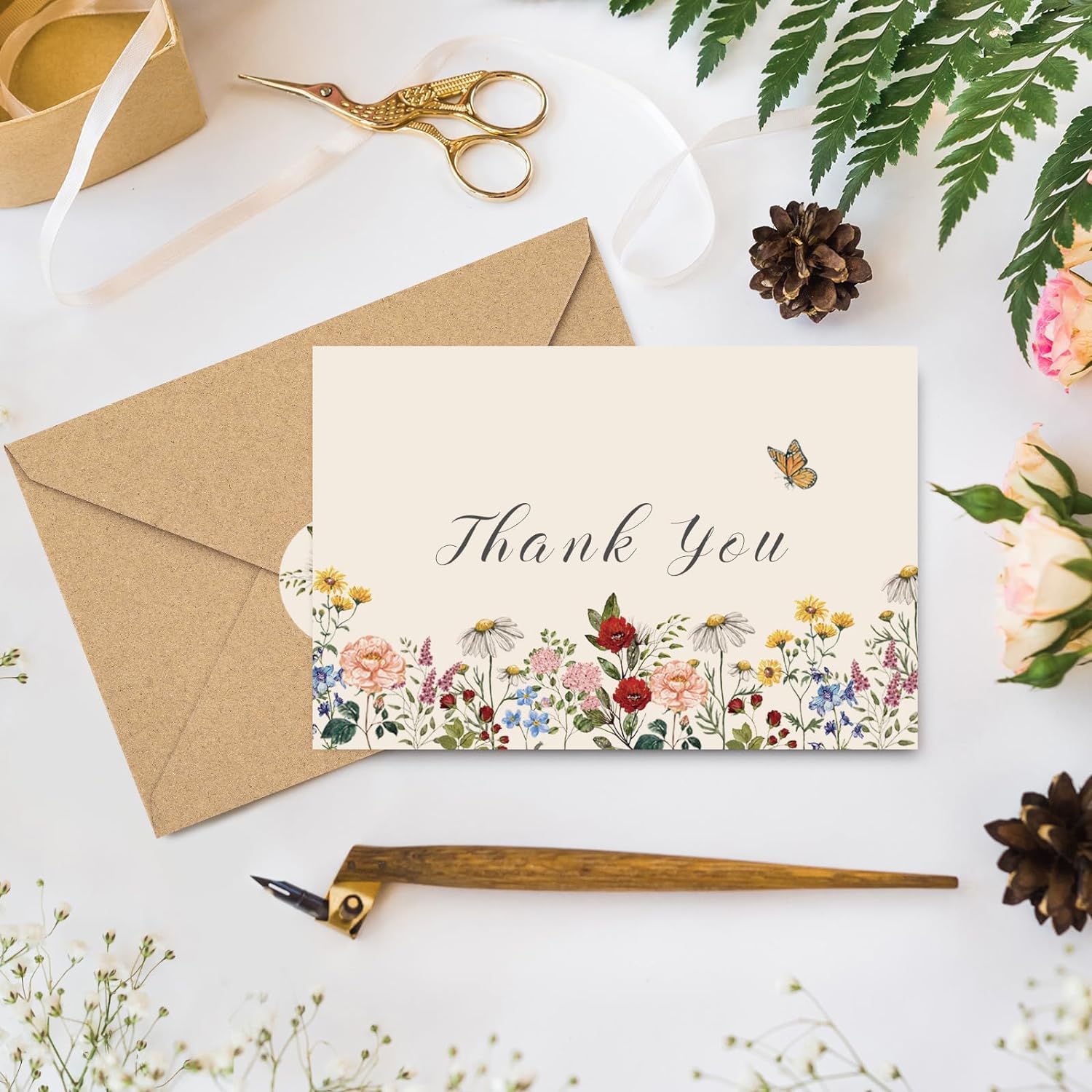 ChicRosa 24 Pack Wildflower Thank You Cards Bulk Vintage Flower Greeting Cards with Kraft Envelope Sticker Retro Floral Blank Note Cards for Birthday Wedding Baby Shower Bridal Shower, 4 x 6 Inch