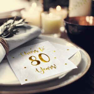 Cheers to 80 Years Cocktail Napkins | Happy 80th Birthday Decorations for Men and Women and Wedding Anniversary Party Decorations | 50-Pack 3-Ply Napkins | 5 x 5 inch folded (White)