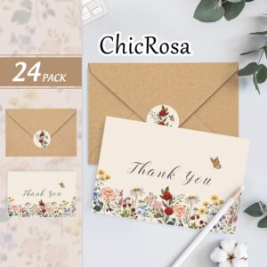 ChicRosa 24 Pack Wildflower Thank You Cards Bulk Vintage Flower Greeting Cards with Kraft Envelope Sticker Retro Floral Blank Note Cards for Birthday Wedding Baby Shower Bridal Shower, 4 x 6 Inch