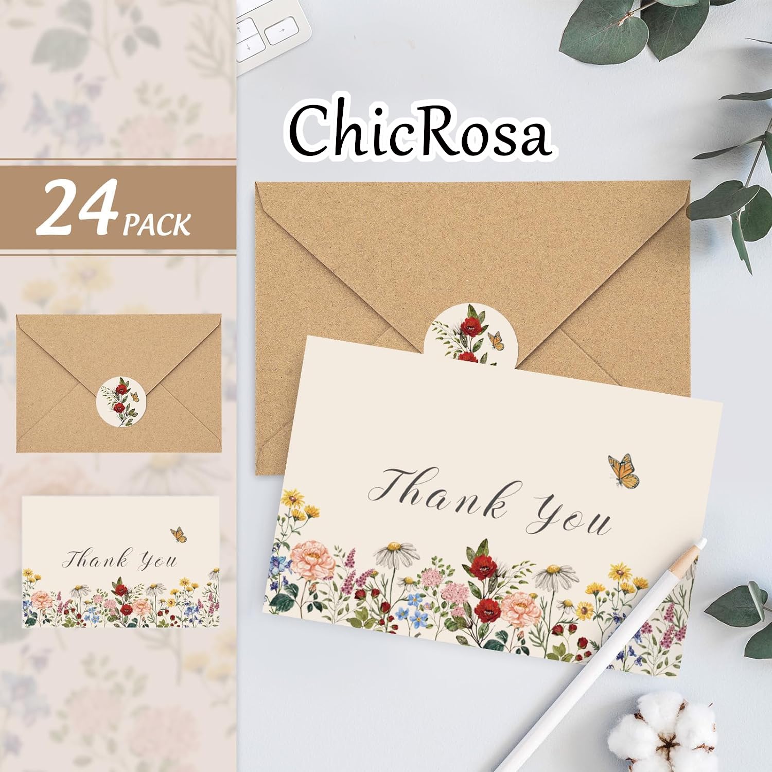 ChicRosa 24 Pack Wildflower Thank You Cards Bulk Vintage Flower Greeting Cards with Kraft Envelope Sticker Retro Floral Blank Note Cards for Birthday Wedding Baby Shower Bridal Shower, 4 x 6 Inch