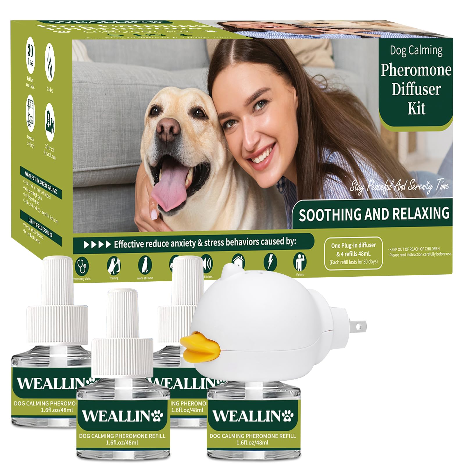 WEALLIN Dog Calming Diffuser Kit for Dog Anxiety Relief, 5-in-1 Dog Pheromone Diffuser Kit with 1 Diffuser +4 Refill 48ml Vial for 120-Day Use, Reduces Separation Anxiety, Aggression, and Stress