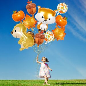 Fall Balloons, Thanksgiving Acorn Fox Maple Leaf Squirrel Pumpkin Mylar Foil Balloons, Harvest Autumn Party Balloons for Birthday Baby Shower Thanksgiving Party Decorations - Pack of 10