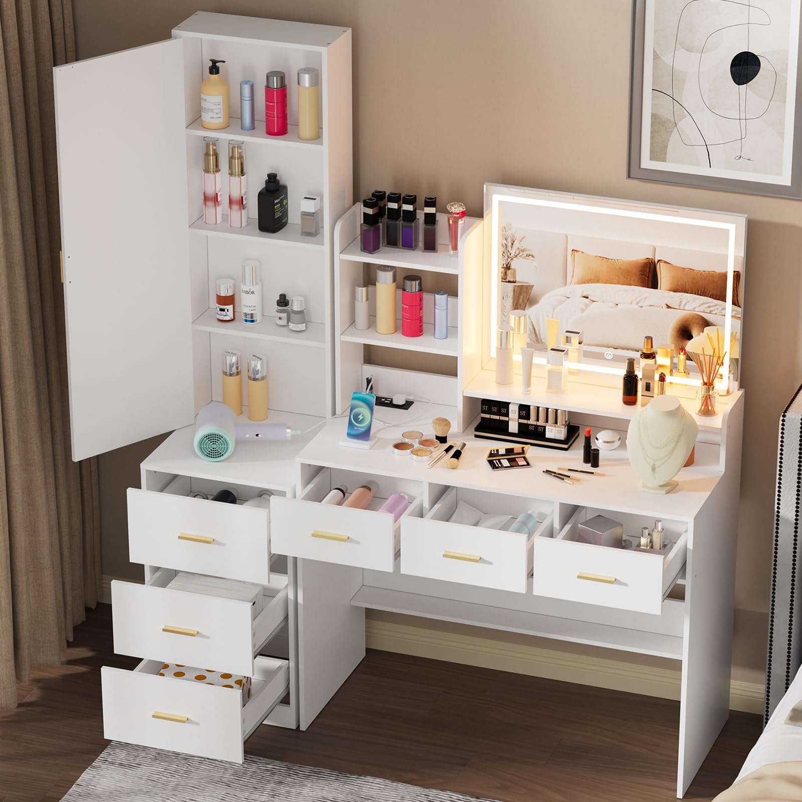 PAKASEPT Vanity Desk with Mirror and Lights, Makeup Vanity with 3 Lighting Colors & Charging Station, Makeup Desk Dressing Table with Full-Length Mirrors,Hidden Cabinet, Lots Storage Shelves,White