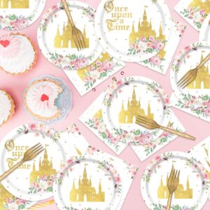 Girl Fairytale Princess Birthday Tableware Party Supplies Serves 24 Guests Once Upon a Time Pink Floral Gold Castle Plates Napkins Forks for Girls Birthday Party Decoration Supplies