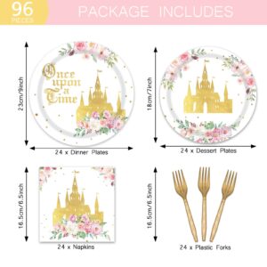 Girl Fairytale Princess Birthday Tableware Party Supplies Serves 24 Guests Once Upon a Time Pink Floral Gold Castle Plates Napkins Forks for Girls Birthday Party Decoration Supplies