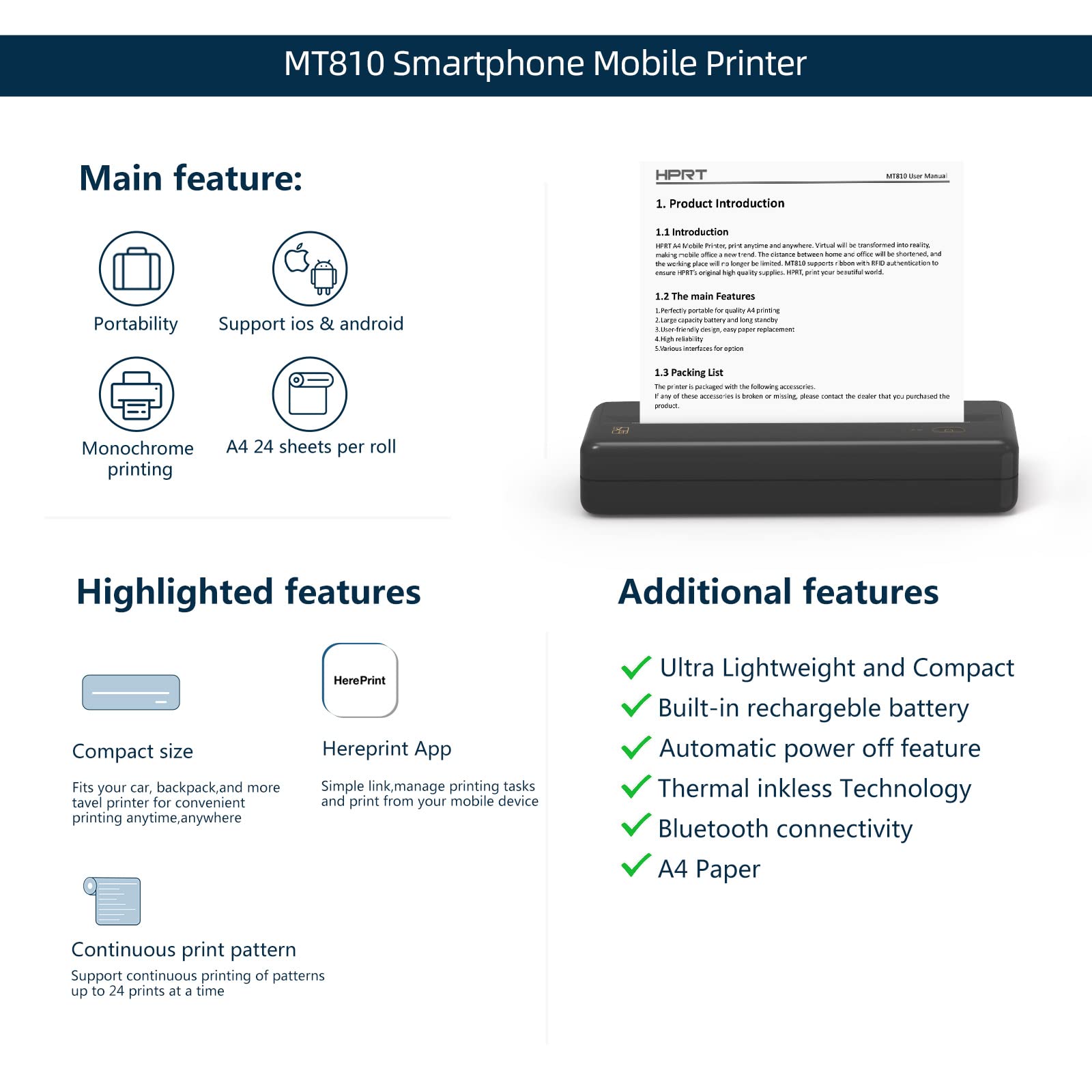 HPRT Portable Printer with MT810 Case for Business, Travel, University, Bluetooth Connection Printer Compatible with Android, Iphone & :aptops