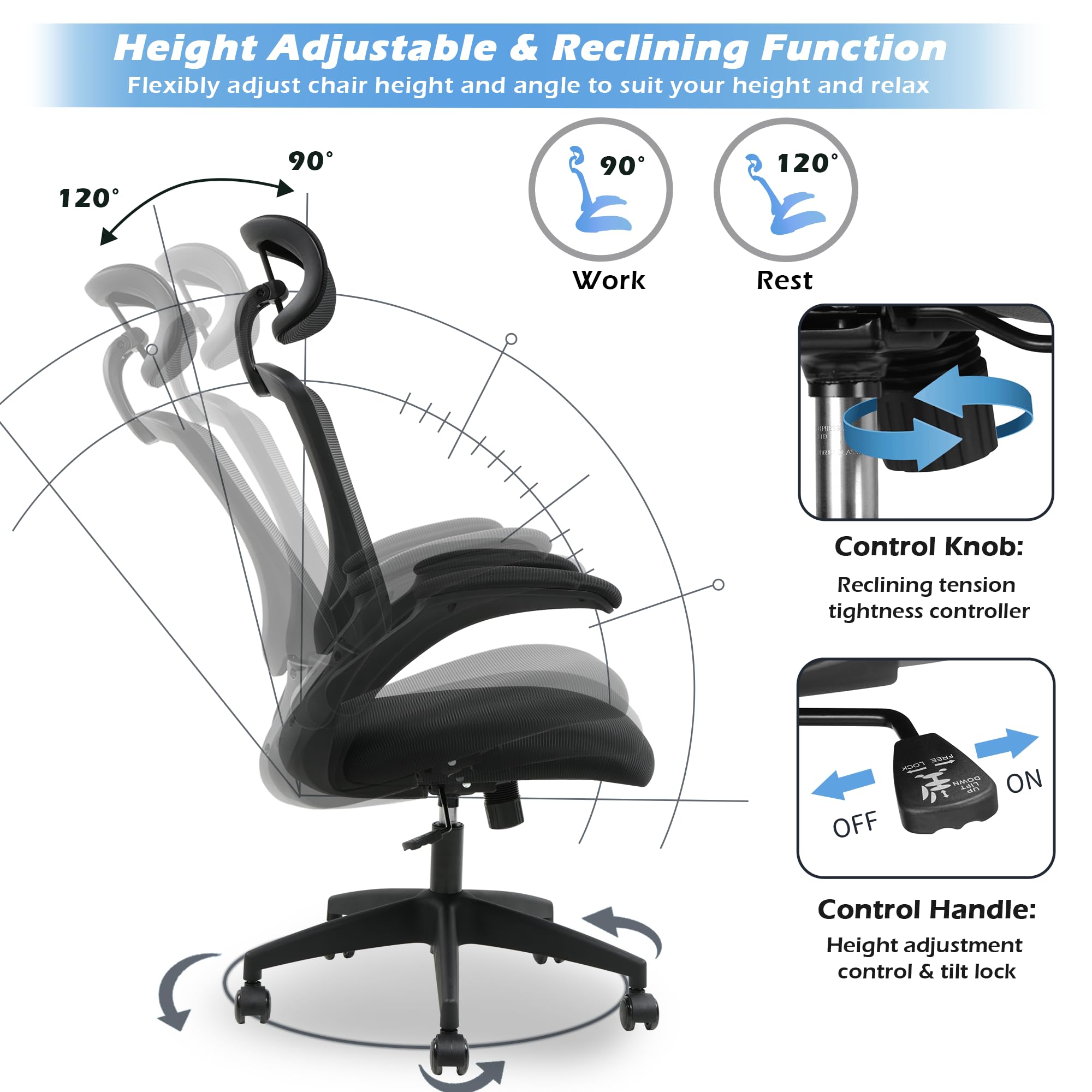 PrimeZone Ergonomic Office Desk Chair - Computer Chair with Adjustable Flip-Up Armrests, Lumbar Support, Headrest & Tilt Function, Comfortable Task Chair for Work Study, 350 lbs Capacity, Black