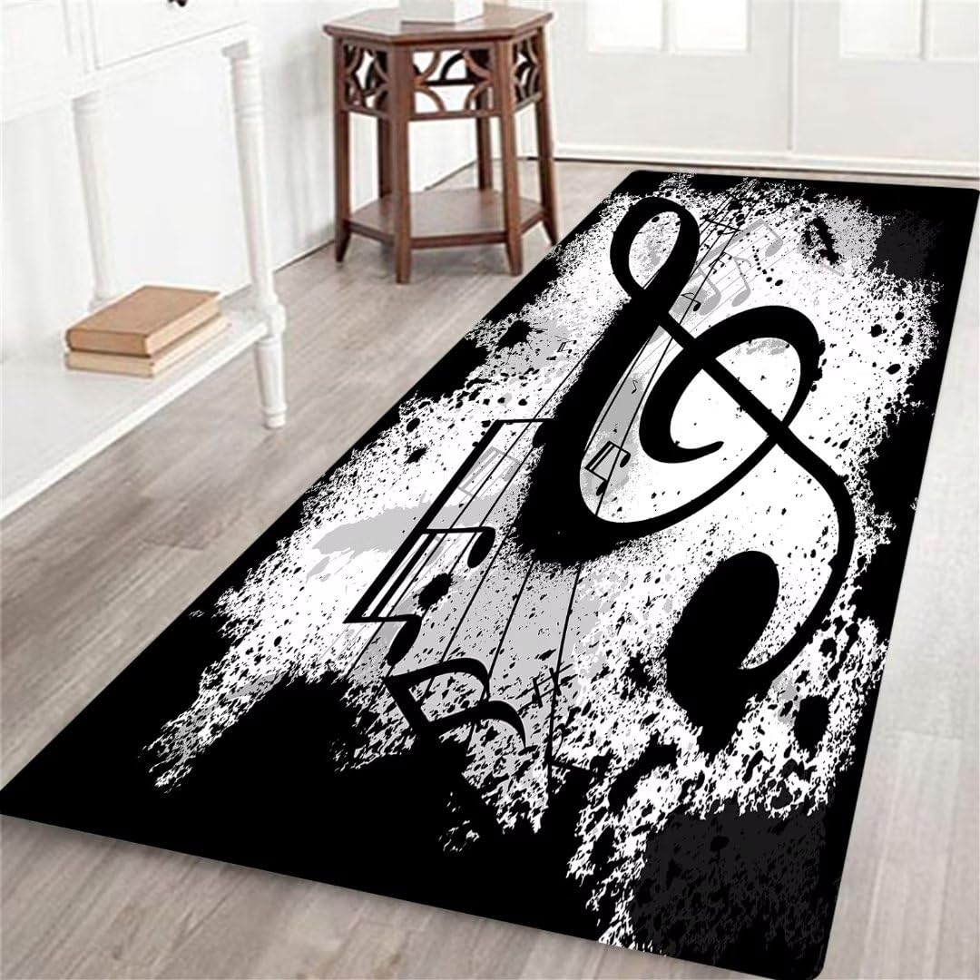 Music Rug Music Notes Long Runner Rug for Hallway,Black and White Music Notation,Throw Area Rug Non-Slip Floor Carpet for Bedroom Laundry Living Bathroom Soft Entrance Doormat Washable Kitchen Rugs