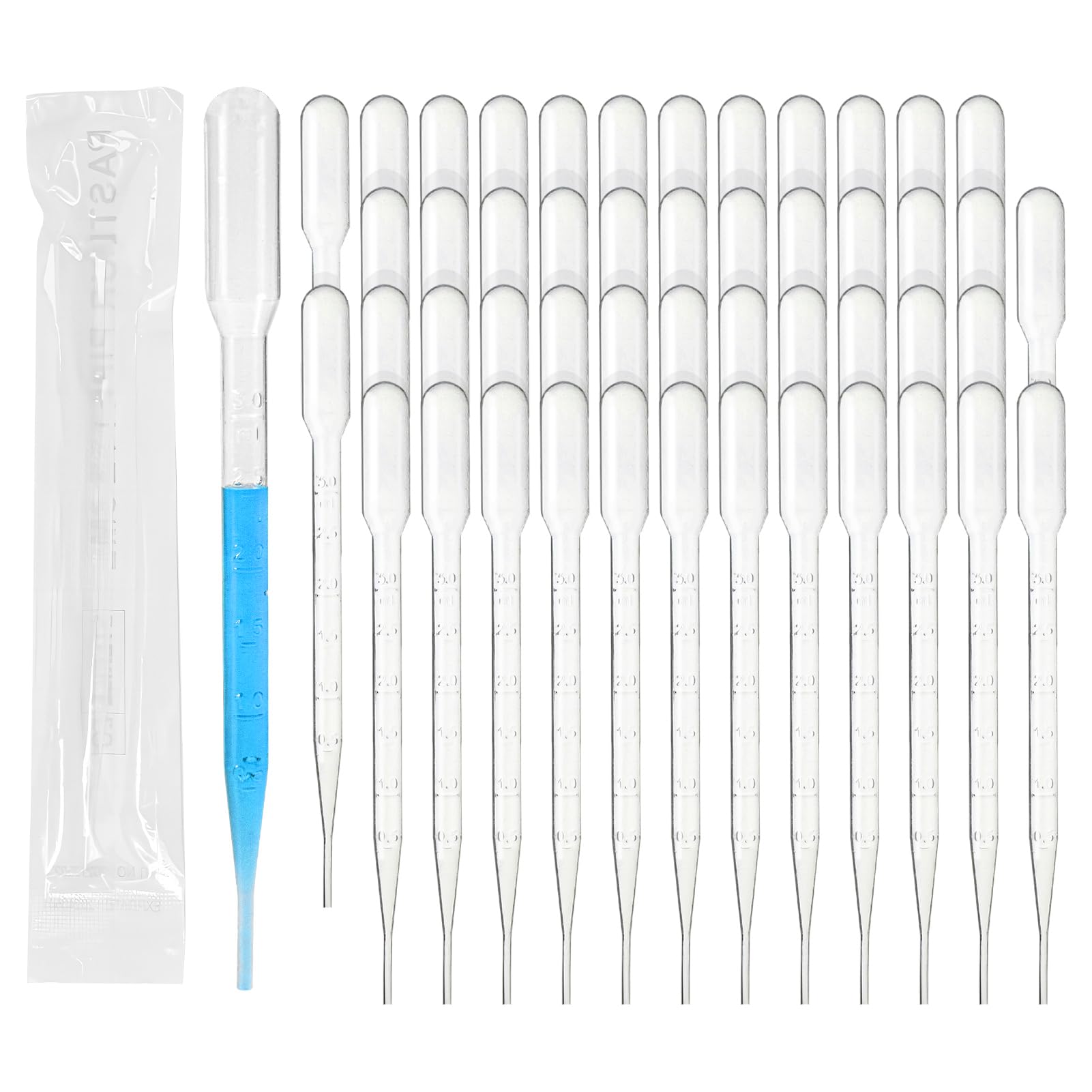 PEKYBIO Sterile Pasteur Pipettes 3ml Disposable Plastic Transfer Pipette Dropper 100Pcs Graduated Calibrated Lab Pipettes, Low Density Polyethylene (LDPE), Individual Peel-Pack, Vol. 7ml, 155mm Long