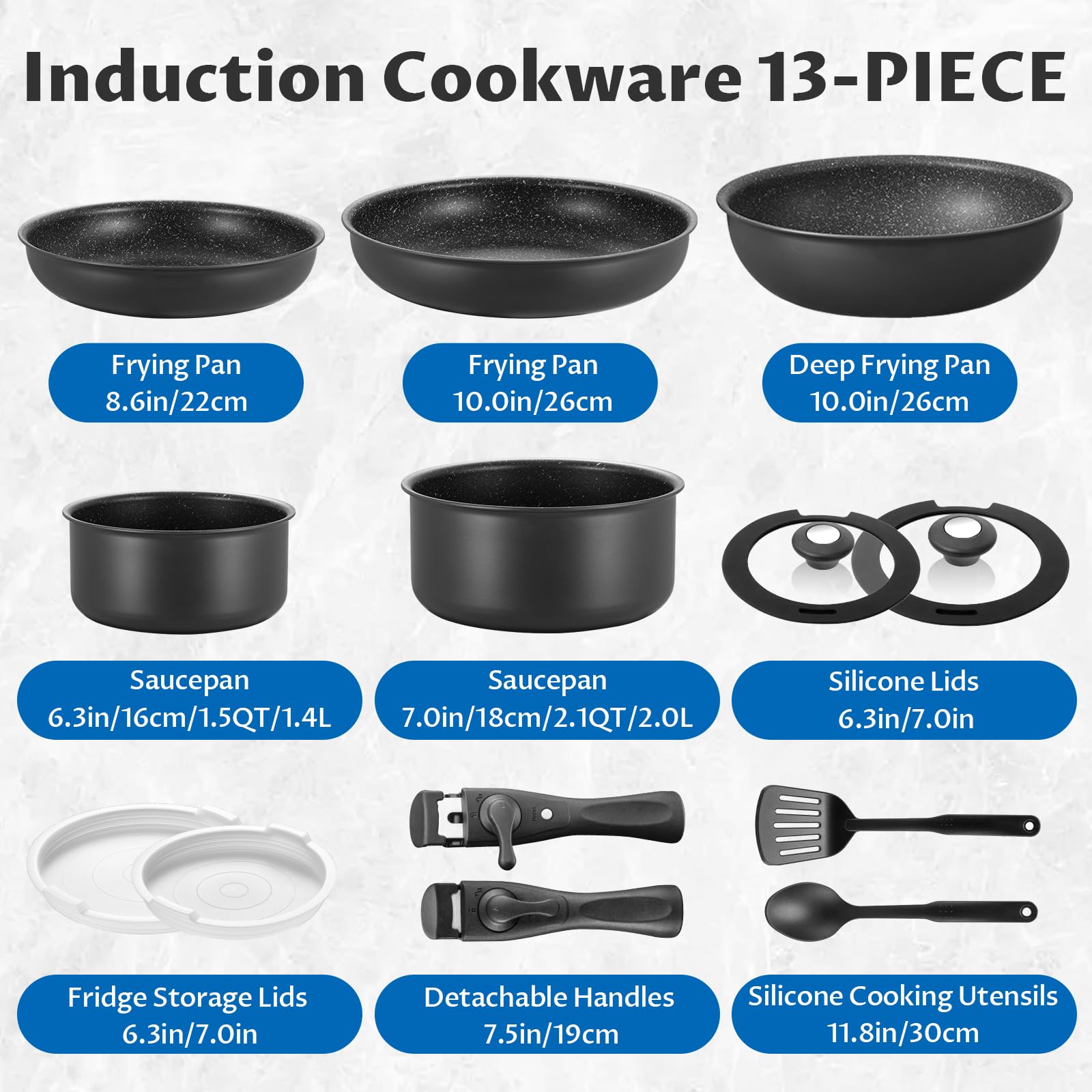 BEZIA Induction Cookware Set 13 Pieces, Pots and Pans Set Non-Stick with Removable Handles, for All Hobs, Stackable Design for RV, Camping, Dishwasher and Oven Safe, PFAS Free