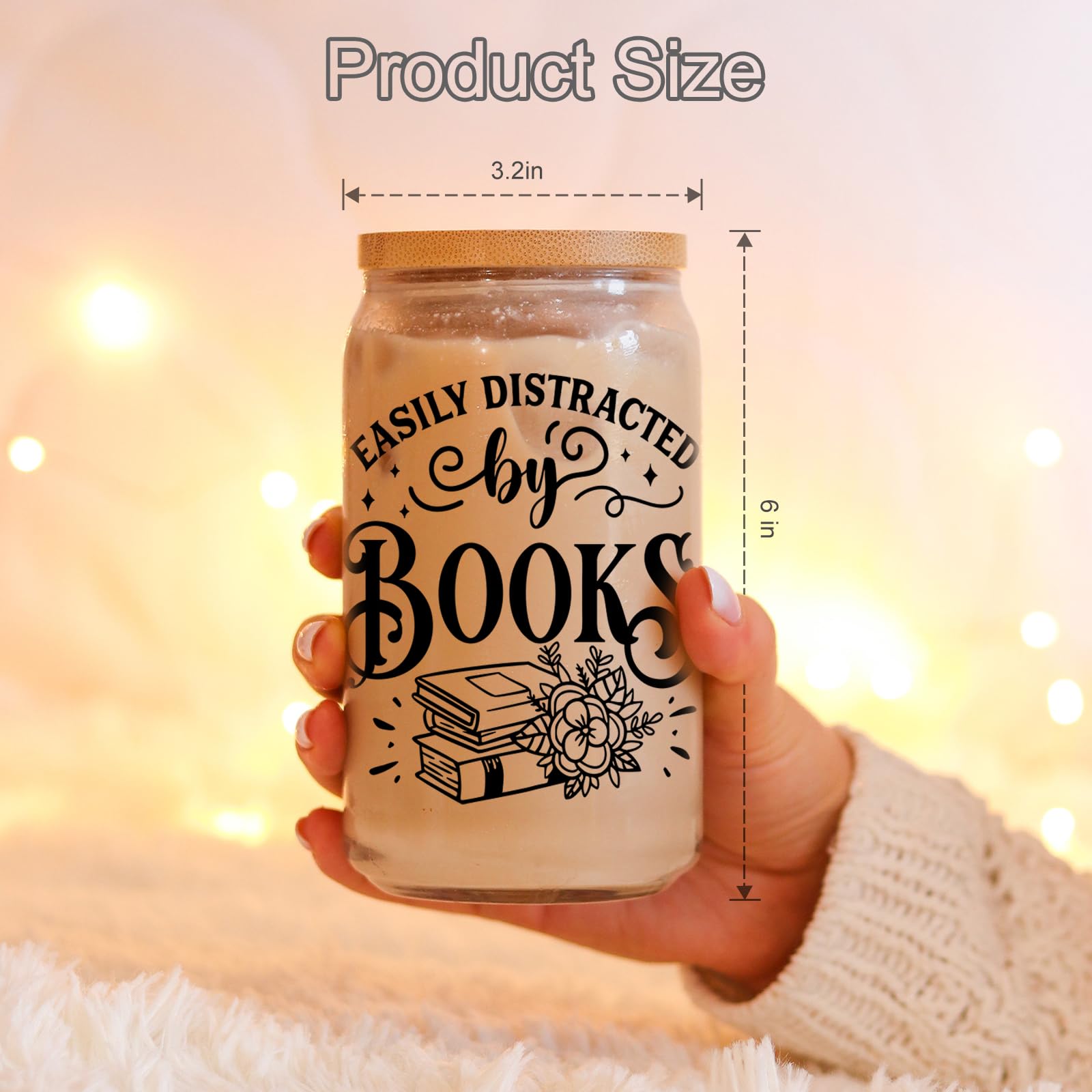 Coolife Book Lovers Themed 16 oz Coffee Glass Cups w/Lids & Straws, Bookish Gifts for Women, Book Club Bookworm Gifts for Book Lovers, Readers Librarian - Christmas, Birthday Book Lover Gifts Ideas