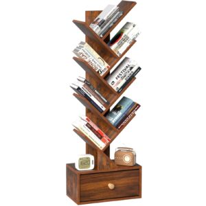 sheepam 8 tier tree bookshelf with drawer, free standing wood bookcase for narrow space, storage organizer bookshelves for books, book case for home office, living room, bedroom, rustic brown