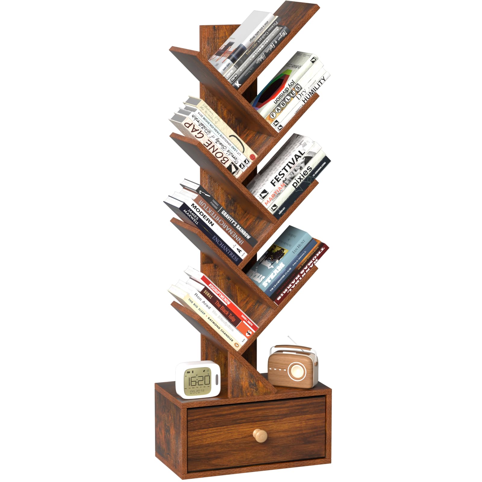 SHEEPAM 8 Tier Tree Bookshelf with Drawer, Free Standing Wood Bookcase for Narrow Space, Storage Organizer Bookshelves for Books, Book Case for Home Office, Living Room, Bedroom, Rustic Brown