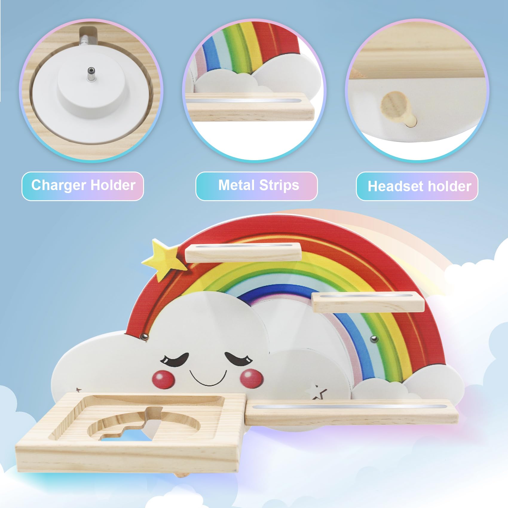 Wall Shelf (Rainbow) for Toniebox, Headphones,Charging Station and 18-24 Tonie Figures, Magnetic Wooden Floating Shelf Compatible with Toniebox MP3 Audio Player & Character, Storage Rack for Kids