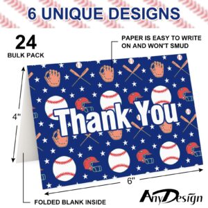 AnyDesign 36 Pack Baseball Thank You Cards with Envelopes Stickers 6 Design Red Blue Sports Thank You Note Cards Baseball Blank Cards for Birthday Baseball Season Games Supplies, 4 x 6 Inch