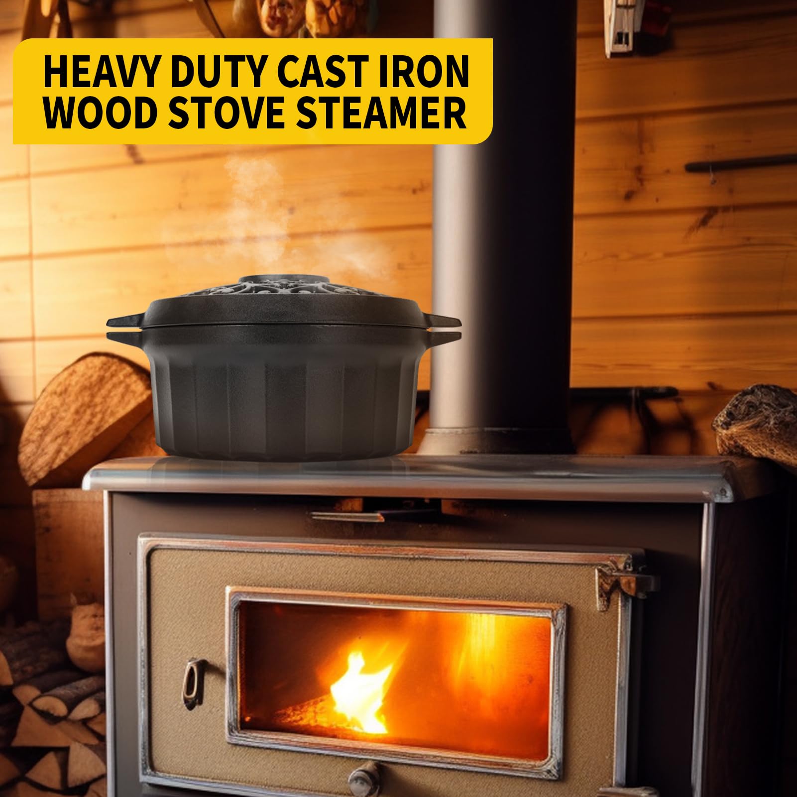 1MORE Wood Stove Steamer- Wood Stove Humidifier Cast Iron with Porcelain Enamel Coating, Fireplace Steamer Pot, Rust Resistant, Home Indoor Decorative, 2.5 Quart Capacity,Black