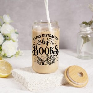 Coolife Book Lovers Themed 16 oz Coffee Glass Cups w/Lids & Straws, Bookish Gifts for Women, Book Club Bookworm Gifts for Book Lovers, Readers Librarian - Christmas, Birthday Book Lover Gifts Ideas