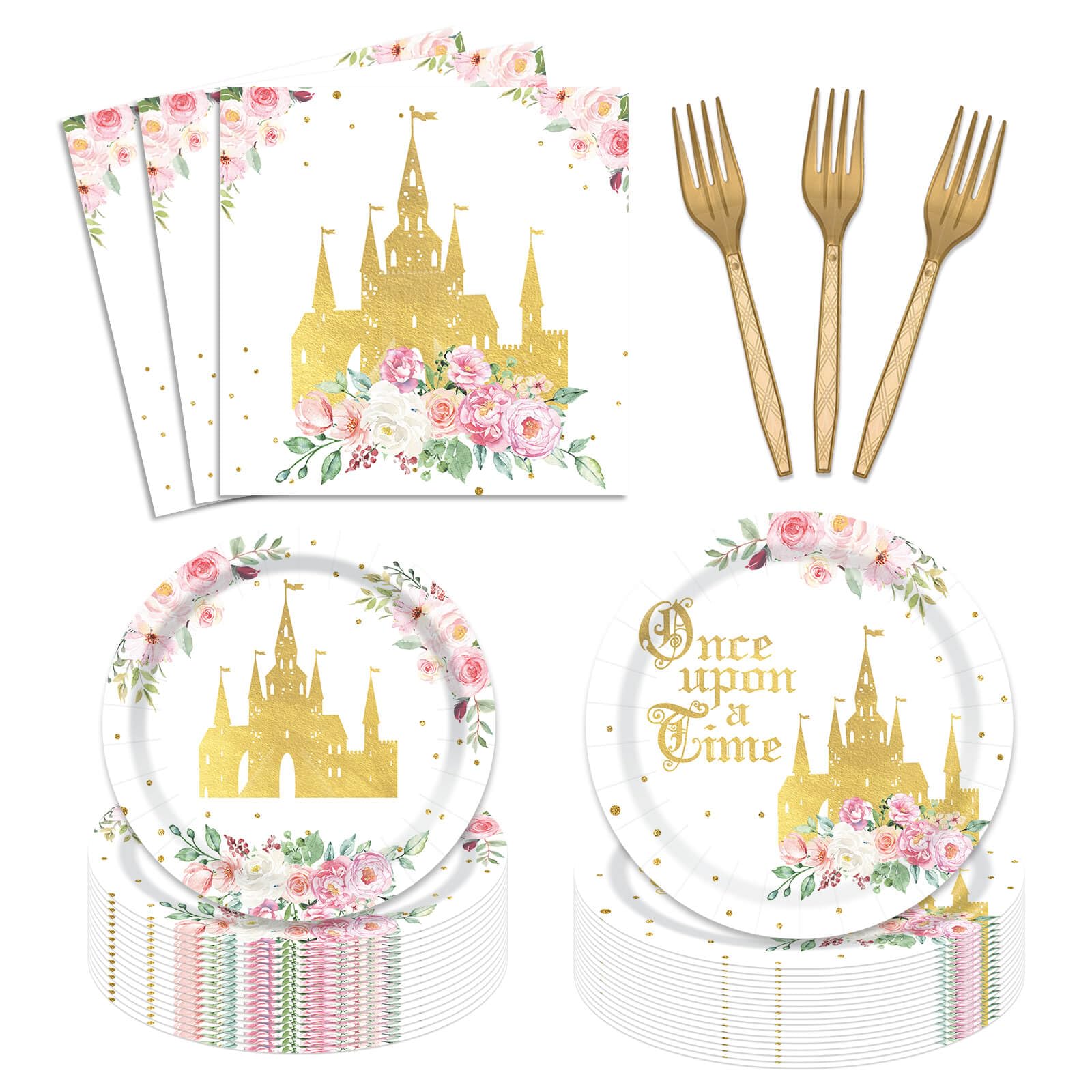 Girl Fairytale Princess Birthday Tableware Party Supplies Serves 24 Guests Once Upon a Time Pink Floral Gold Castle Plates Napkins Forks for Girls Birthday Party Decoration Supplies