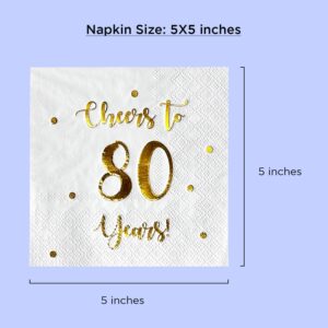 Cheers to 80 Years Cocktail Napkins | Happy 80th Birthday Decorations for Men and Women and Wedding Anniversary Party Decorations | 50-Pack 3-Ply Napkins | 5 x 5 inch folded (White)