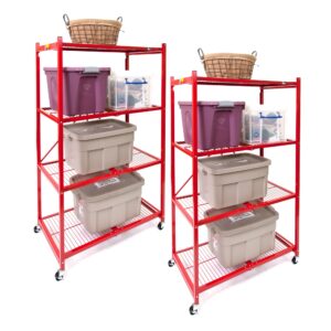 origami r5 foldable 4-tier garage shelving heavy duty shelving with wheels, metal storage rack holds 1000 pounds, garage storage rack & organization, storage shelving (red, r5 2-pack)