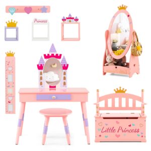 HONEY JOY 3 Piece Kids Vanity Set, Girls Vanity Table & Chair Set, Princess Toy Box, 360° Rotatable Freestanding Dressing Mirror w/Storage Shelf, Kids Room Furniture Set for Playroom Bedroom, Pink