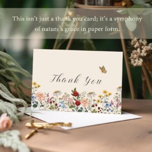 ChicRosa 24 Pack Wildflower Thank You Cards Bulk Vintage Flower Greeting Cards with Kraft Envelope Sticker Retro Floral Blank Note Cards for Birthday Wedding Baby Shower Bridal Shower, 4 x 6 Inch