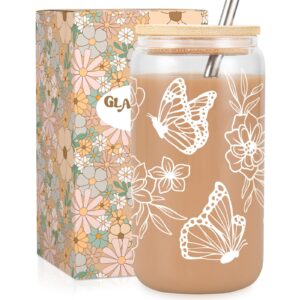 fairy's gift butterfly gifts for women - iced coffee cup, aesthetic floral butterflies glass cup w/lid & straw, butterfly tumbler - christmas, birthday gifts for women mom friend bestie